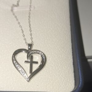 Sparkling Silver Heart Cross Necklace